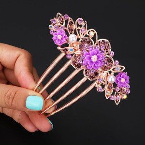 Chargances Bridal Flower Floral Hair Comb Wedding Purple Crystal Rhinestones Women Hair Side Comb Boho Pearl Hair Accessories Headpiece for Women and