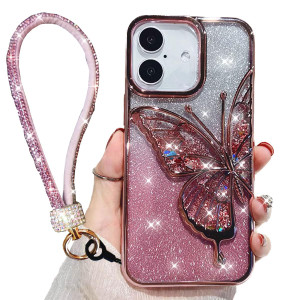 AuroiCCY for iPhone 16 Plus Case Cute Bling Glitter Girly Butterfly, Luxury Electroplate Flowing Liquid Aesthetic Women Cover with Bling Wrist Strap