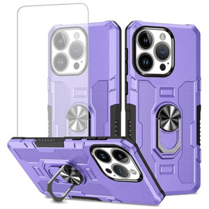 Ueokeird Case for iPhone 16 Pro Case with Tempered Glass Screen Protector, Heavy Duty Protection with Metal Ring Magnetic Kickstand Phone Cover for i