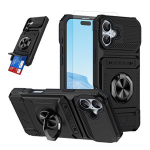 Furiet Phone Case for iPhone 16 Plus 6.7 inch & Tempered Glass Screen Protector Card Slots Ring Stand Shockproof Soft Silicone Bumper Hybrid Two Laye