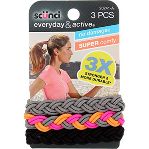 Scunci Everyday and Active 3-Strand Braided Elastics , No Damage, Super Comfy, 3X Stronger (Assorted Colors) 3-PCS