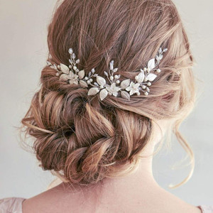 Aukmla Leaf Bride Wedding Hair Comb Flower Bridal Hair Pieces Rhinestones Side Comb Hair Accessories for Women and Girls (Pack of 2) (Silver)