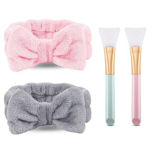 NYKKOLA 2 Pack Spa Headband,Bowknot Coral Fleece Elastic Headband With 2 Silicone Face Mask Brush,for Women Girls Washing Face Beauty Skincare And Sp