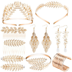 Sureio 12 Pieces Halloween Greek Goddess Costume Accessories Set Golden Leaves Bridal Hair Headband Hair Comb Coil Upper Crown Armband Dangle Earring