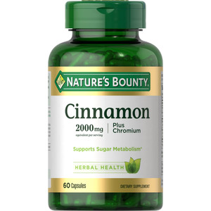 Nature's Bounty Cinnamon 2000mg Plus Chromium, Sugar Metabolism Support Supplement, 60 Capsules