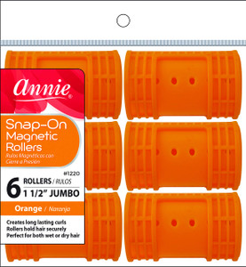 Annie Snap-On Magnetic Hair Rollers  1 1/2 Inch Jumbo Curlers with Locking Snap-Over Hood  No Pins Needed for Wet or Dry Sets  Orange, 6 Count