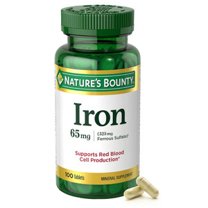 Natures Bounty Iron 65mg, 325 mg Ferrous Sulfate, Cellular Energy Support, Promotes Normal Red Blood Cell Production, 1 Serving Per Day, Gluten Free
