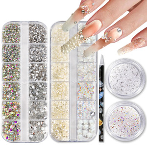 Nail Rhinestones and Pearls Nail Charms, HAOZHER 11000 PCS Crystals Nail Gems and Rhinestones for Nails, 4 Box Nail Jewels for Nail Art Rhinestones K