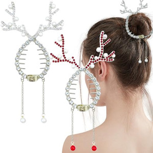 2 PCS Christmas Reindeer Ponytail Bun Holder, Metal Banana Hair Clips Strong Hold Decorative Hair Claw Clips Xmas Hair Jaw Clips Rhinestone Hair Barr