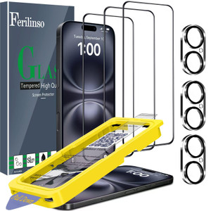 Ferilinso [Auto Dust Install] 3 Pack Screen Protector for iPhone 16 Plus [Phone Case fit], 3 Tempered Glass Camera Lens Protector Accessories for App