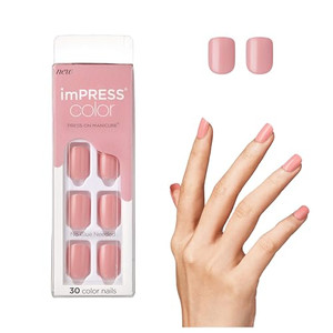 KISS imPRESS Color Polish-Free Solid Color Press-On Nails, PureFit Technology, Short Length, Pretty Pink', Includes Prep Pad, Mini Nail File, Cuticle