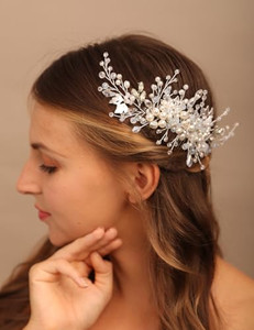 Teyglen Women Dainty Silver Crystal Flower Pearls Hair Comb Rhinestone Wedding Hair Comb Headband Hair Pieces Bridal Rhinestone Headpieces for Women