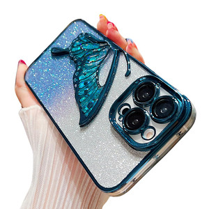 Casechics Compatible with iPhone Case,Glitter Electro Plated Butterfly Liquid Sand Camera Lens Protection Soft Shockproof Cover Phone Case (Blue,iPho