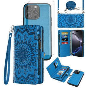 Asuwish Phone Case for iPhone 16 Pro Max 6.9 inch Zipper Wallet Detachable Cell Cover with Tempered Glass Screen Protector Strap Flower Flip Card Hol