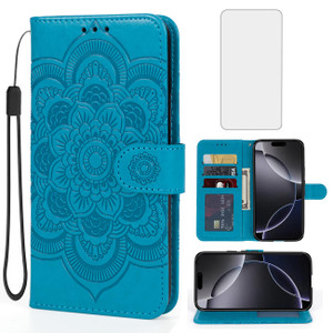 Bohefo Case for iPhone 16 Pro Max Wallet Case with Tempered Glass Screen Protector, Mandala Leather Flip Credit Card Holder Stand Phone Cover Cases f