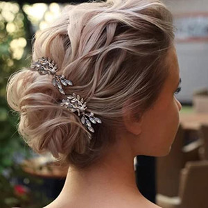 Heread Opal Crystal Bride Wedding Hair Pins Silver Leaf Bridal Hair Accessories Head Piece for Women and Girls (Pack of 2)