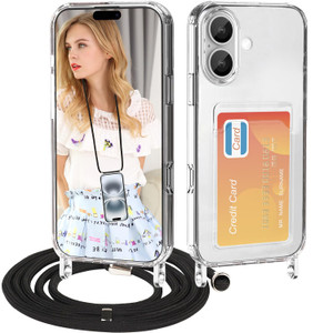 for iPhone 16 Clear Lanyard Case with Detachable Adjustable Crossbody Strap--Hybrid Shockproof Protective Slim Fit Transparent Wallet Cover with Card