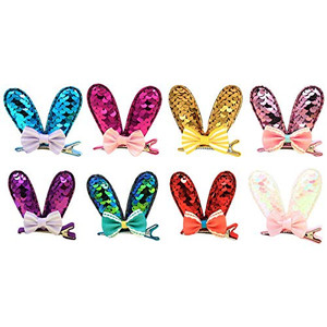BinaryABC Easter Bunny Rabbit Ears Bow Hair Clips Hairpins Barrette,Easter Party Hair Accessory,Easter Party Supplies,8Pcs(Mixed Color)