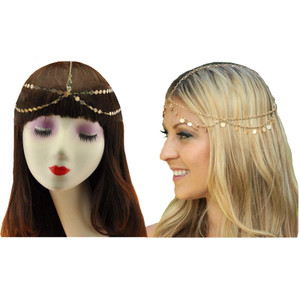 2 Pcs Gold Head Chain Sequins Rhinestone Headband Crystal Bohemian Hair Bands Hoops Halloween Women Bridal Boho Indian Hippie Hairband Headpiece Cosp