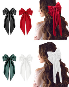 JELIEE 4 Pcs Hair Bows for Women Silky Satin Hair Barrettes Clip Ribbon Bow Hair Clips with Long Tails Large Bow Hair Slides Metal Clips Hair Accesso