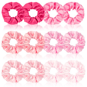 Satin Scrunchies Set of 12 - Elastic Silk Bubble for Girls, Pink Hair Accessories and Valentine's Day Gifts