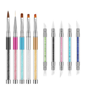 10 Piece Nail Art Brush Set - Silicone Tools, Foil Tool, Sculpture Pen, Dual-Tipped Carving Pen, Poly Gel Brushes