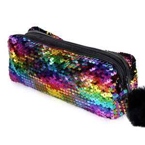 PHOGARY Sequin Preppy Pencil Case for Girls, Fluffy Zip Pull Pouch Bag Holographic Pen Case Sparkling School Stuff Shimmery Glitter Makeup Bag (Rainb