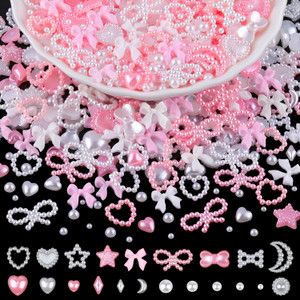 1200Pcs 3D Multi Shapes Nail Charms and Flatback Pearls, White&Pink Mix Styles Heart Star Bow Sunflower Embellishments for Nail Art, Craft and Decora