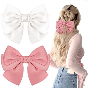 2PCS Big Satin Layered Hair Bows for Women Girls 7 Inch White Pink Barrette Hair Clip Large Silk Ribbon Bows French Style Hair Accessories (White+Pin