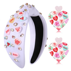 JERTOCLE Heart Headband for Women Valentines Day Knotted Head Band Embellished Crystal Red Pink Hairband Galentines Day Party Accessories Gifts (Wh