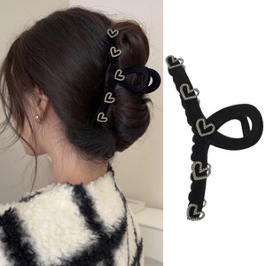 AIUPUOC Heart Hair Claw Clips for Women Valentine Heart Rhinestone French Black Flocking Hair Clips for Thick Hair Non-slip Hair Barrettes Accessorie