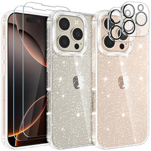 KSWOUS Clear Gliter Case for iPhone 16 Pro Case with Screen Protector[2 Pack] + Camera Lens Protector[2 Pack], Cute Bling Sparkle Soft TPU Shockproof