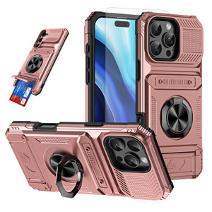 Furiet Phone Case for iPhone 16 Pro 6.3 inch with Tempered Glass Screen Protector Card Slot Ring Stand Shockproof Soft Silicone Bumper Hybrid Two Lay