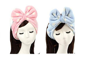LASSUM 2 Pcs Soft Caroset Fleece Hairlace Headband, Bowknot Elastic Hair Band Hairlace for Washing Face Shower Spa Makeup,Pink+Blue