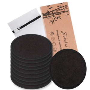 Reusable Makeup Remover Pads Black Washable - 10 Pack Organic Cotton Rounds for Face Eye with Laundry Bag, Facial Cleansing Cloth Towel, Make-Up Remo