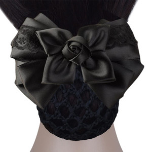 Black Rose Bowknot Hair Snood with Clip Flower Hairnet Barrette Professional Female Hair Clip Bun Cover for Bank Hotel Restaurant Airline Staff