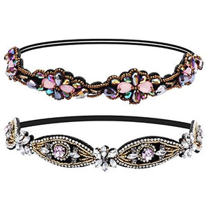 Amariver 2 Pieces Rhinestone Beaded Elastic Headband?Fashion Headbands Handmade Hair Bands Hair Accessories for Lady Woman 20-25" Fits for Most
