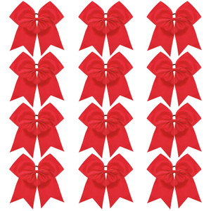 TUUXI 12pcs Large Cheering Bows 8 Inch Red Cheerleading Bows with Elastics Hair Ties Bands Ponytail Holder for Cheerleader Softball Football Competit