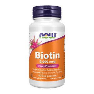 NOW Foods Supplements, Biotin 5,000 mcg, Amino Acid Metabolism*, Energy Production*, 60 Veg Capsules