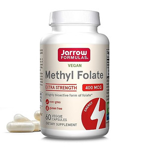 Jarrow Formulas Extra Strength Methyl Folate 400 mcg, Dietary Supplement for Cardiovascular and Neurologic Health Support, 60 Veggie Capsules, 60 Day