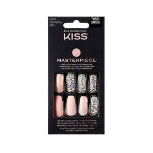 KISS Masterpiece One-Of-A-Kind Luxe Manicure, Premium Acrylic Fake Nails with Pink Gel Nail Glue, Manicure Stick, Mini Nail File, & 30 Glue On Nails