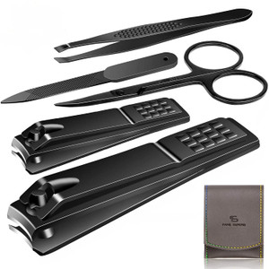 Manicure Pedicure Kit Nail Clippers Set Fingernails & Toenails Vibrissac Scissor 5 Pieces Best Care Tools for Man & Women with Travel Case (Gray/Blac
