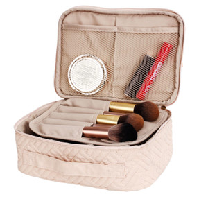 WEIBIN Travel Makeup Bag, Portable Storage Cosmetic Bag for Women & Girls, Dark Blue Quilted Cotton Zipper Toiletry Organizer with Handle, Adjustable