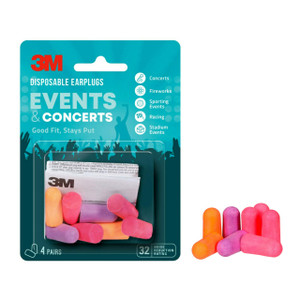 3M Disposable Earplugs Events & Concerts, 4 Pairs (8 Total Plugs), Noise Reduction Rating (NRR) 32 dB, Good Fit, Stays Put, Soft & Smooth Ear Plug De
