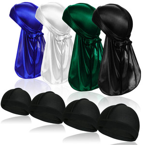 4 Pcs Silky Men Durag Headwraps with Long Tail and 4 Pcs Silk Wave Cap Perfect for 360 Waves Multicolor