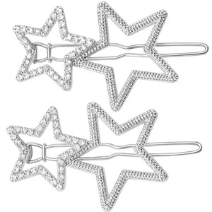 2Pcs Hollow Star Hair Clips, Non-Slip Metal Geometric Hairpin, Elegant Rhinestone Hair Barrettes for Women Lady Girls Styling Hair Accessories (Silve