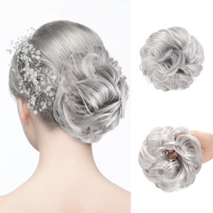 Bun Extensions, Hairpiece Rubber Scrunchies Curly Messy Wavy Donut Chignons Bridal Hairstyle Voluminous Updo Pieces With Rope and Hairpin, 33g, Grey
