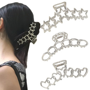 3 PCS Y2k Metal Hair Claw Clips for Women, Big Silver Alloy Star Heart Claw Clips Nonslip Design Claw Hair Clips for Thick and Thin Hair Fashion Hair