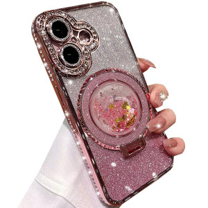 AuroiCCY for iPhone 16 Plus Case, Moving Liquid Sparkle Glitter Case with Kickstand, Girly Women Bling Diamond Ring Protective Case with Glass Camera