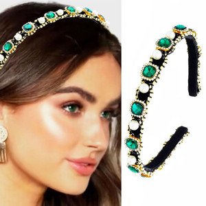 Sinalty Green Rhinestones Headbands Thin Pearls Headband Crystal Hair Accessories for Women